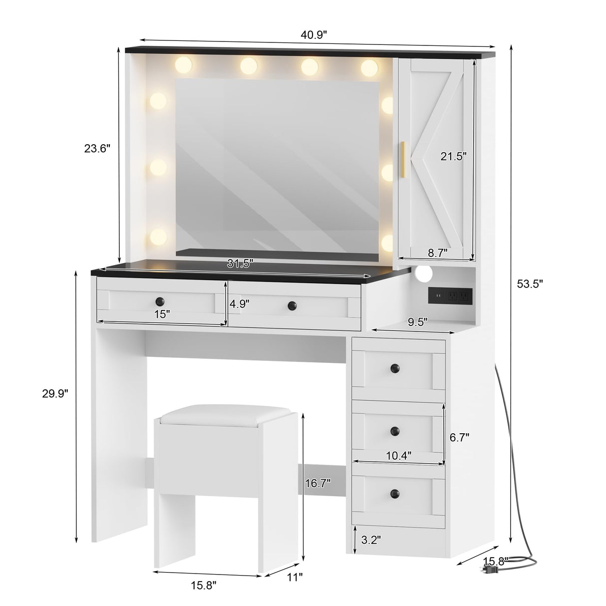 Makeup Vanity Set, Vanity Desk with Lighted Mirror& Charging Station, Makeup Vanity Desk with 5 Drawers& 3-Tier Cabinet, Dressing Table with Upholstered Stool, Wooden Vanity Table for Bedroom, White