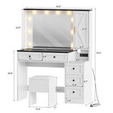 Makeup Vanity Set, Vanity Desk with Lighted Mirror& Charging Station, Makeup Vanity Desk with 5 Drawers& 3-Tier Cabinet, Dressing Table with Upholstered Stool, Wooden Vanity Table for Bedroom, White