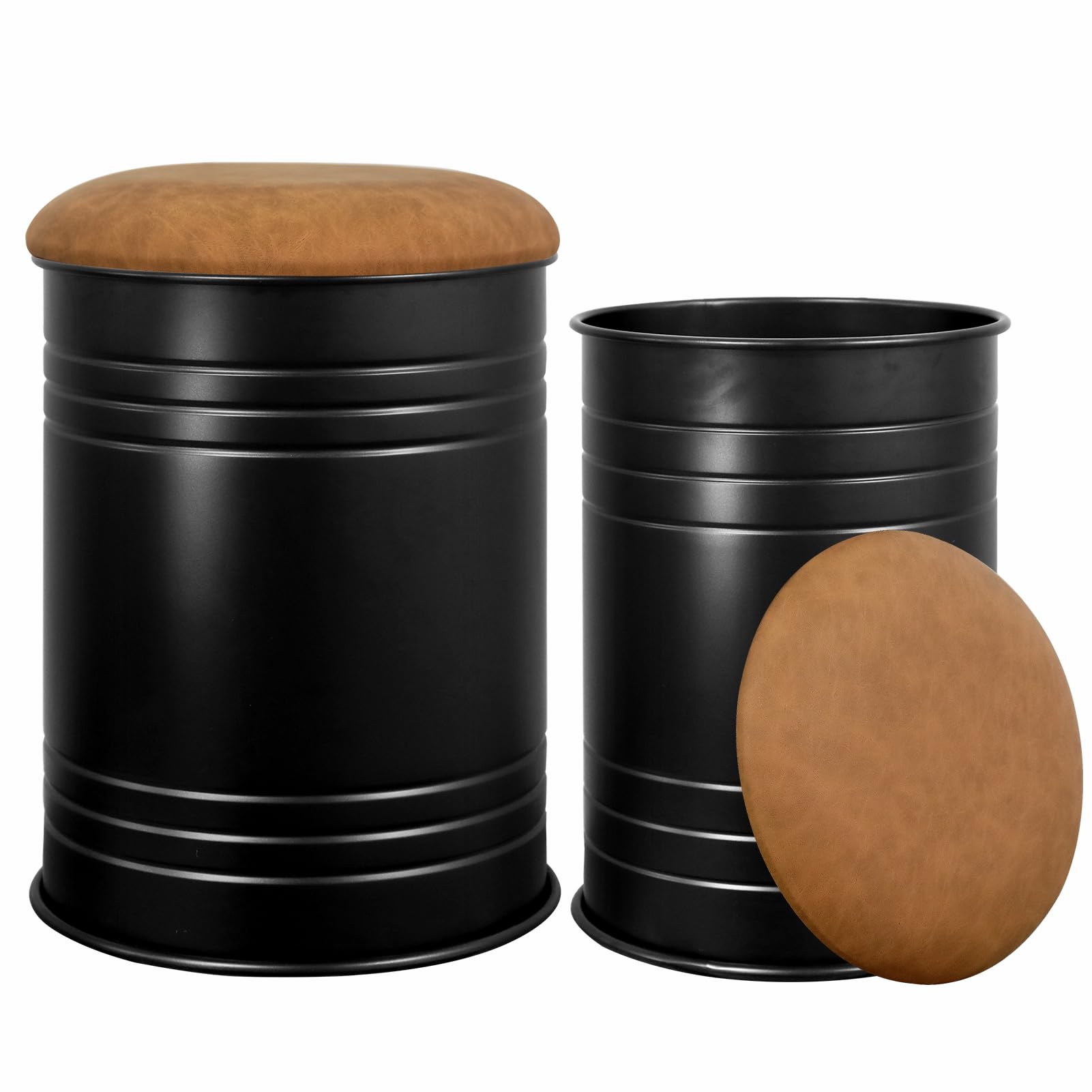 Metal Barrel Ottoman Storage Stool Set of 2, Rustic Accent Side Table