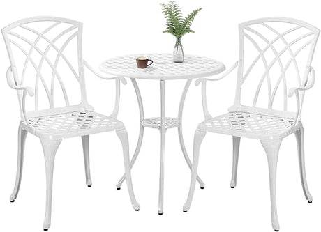 White Bistro Table and Chairs Set of 2, Cast Aluminum White Bistro Set Outdoor