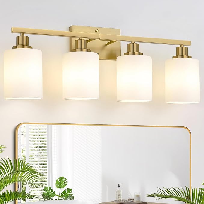 4-Light Bathroom Light Fixtures, Vanity Light with Milky White Shades, Matte Black Bathroom Light