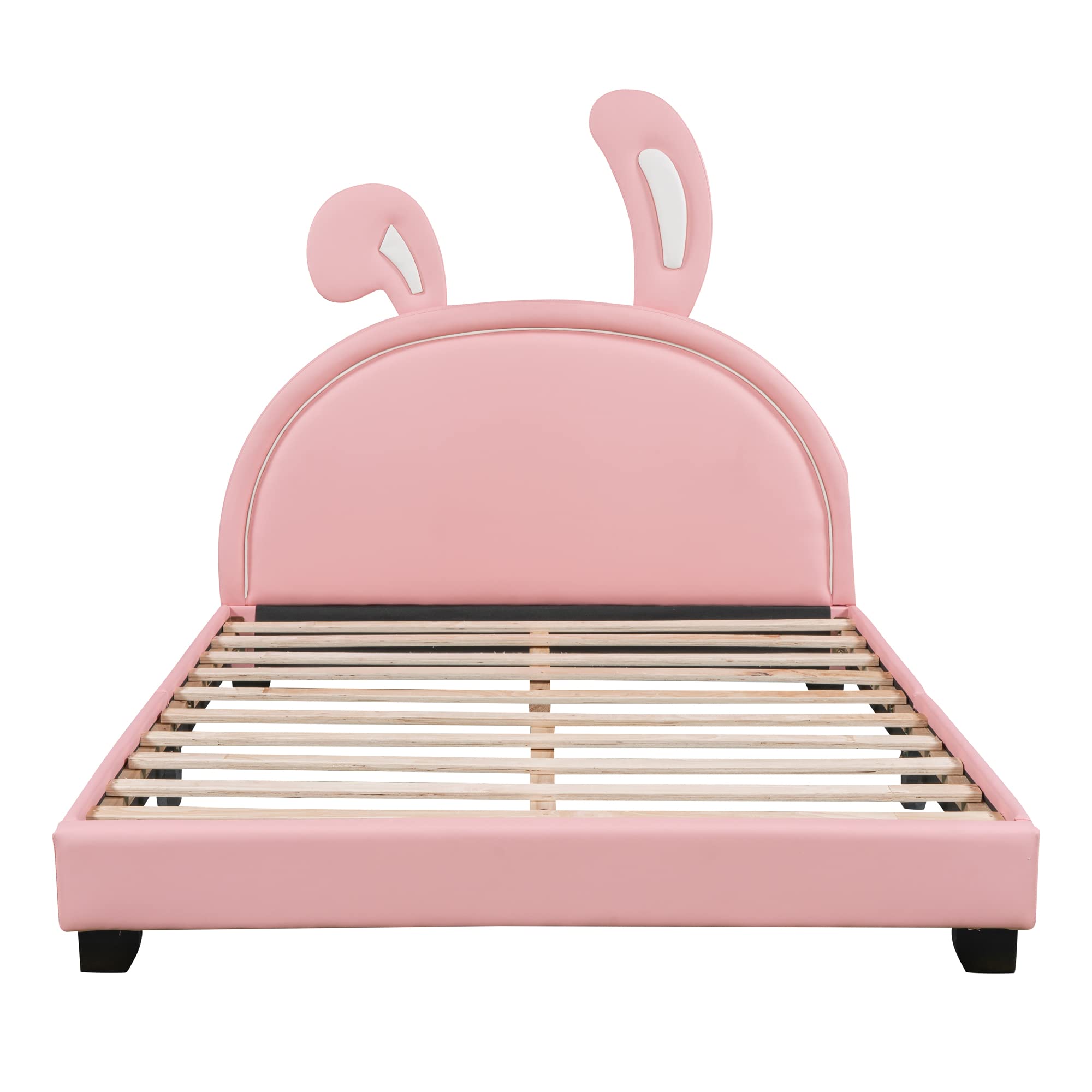 Full Size Upholstered Leather Platform Bed with Bunny Ears Headboard