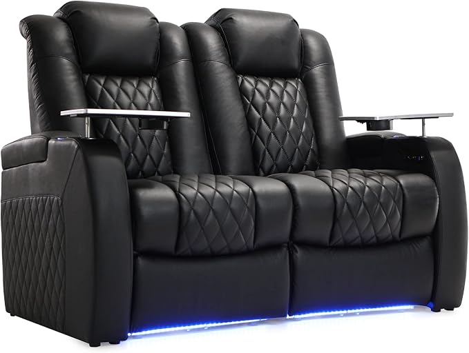 Home Theater Seating Top Grain Leather Recliner Chair Dual Power Movie Gaming