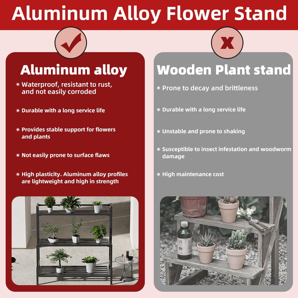 DHYGOTFUR Versatile 3-Tier Metal Plant Stand, Waterproof and Rust-resistant, Heavy-duty Flower Pot Holder for Indoor/Outdoor Use - Adds Elegance to Garden and Home Decor, Black