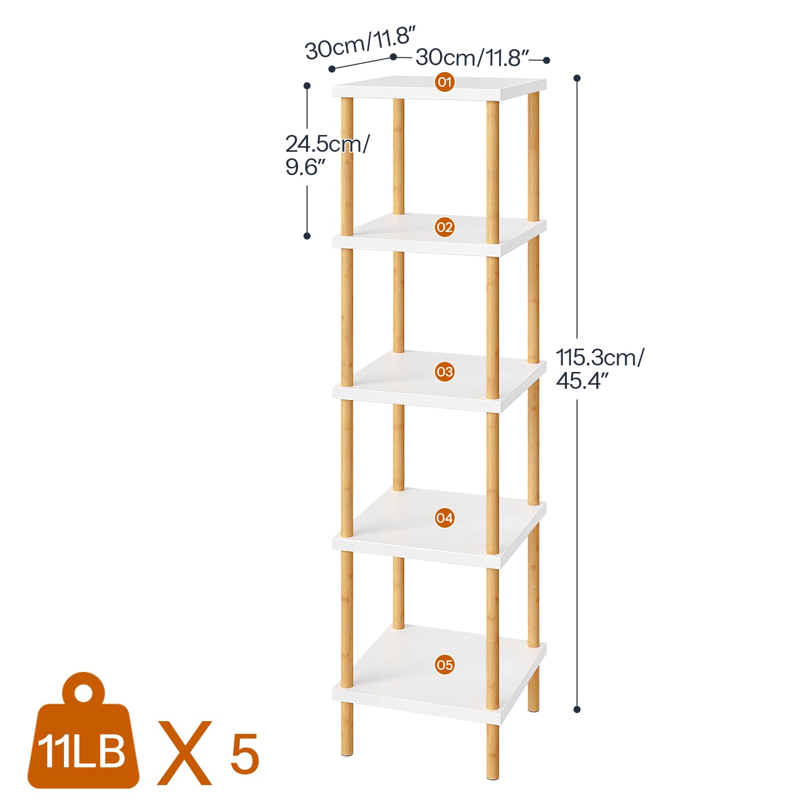 HOOBRO 5-Tier Corner Shelf, Bamboo Corner Square Rack Display Shelf, Tall Storage Rack Plant Stand, Corner Bookcase for Small Spaces, Living Room, Home Office, Kitchen, White and Natural WT21CJ01