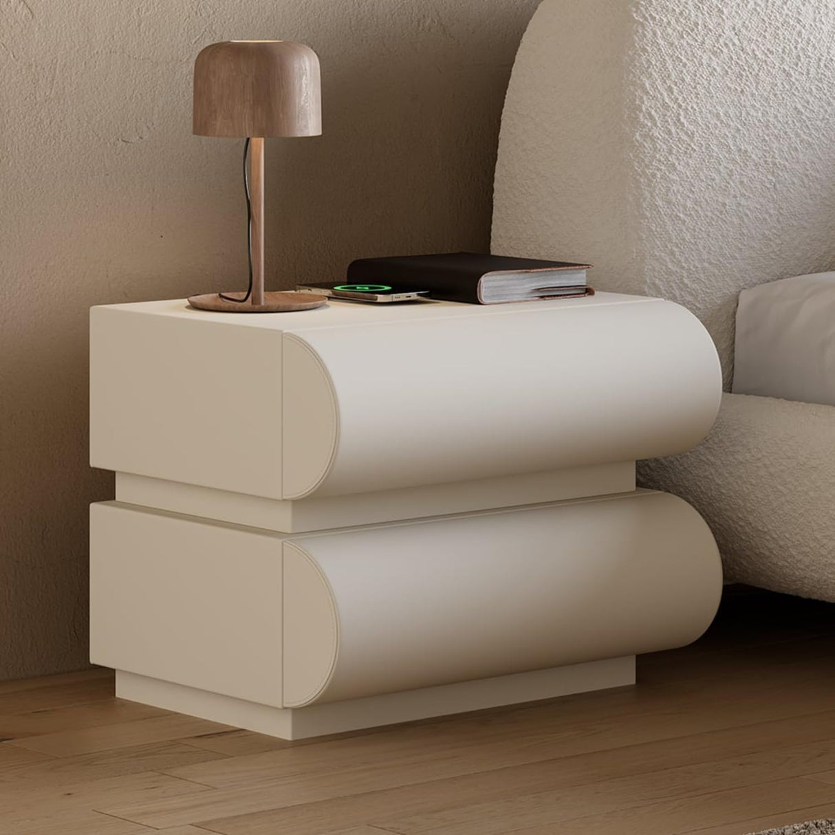 Smart Nightstand Modern White Leather Nightstands with Wireless Charger Bedside Table