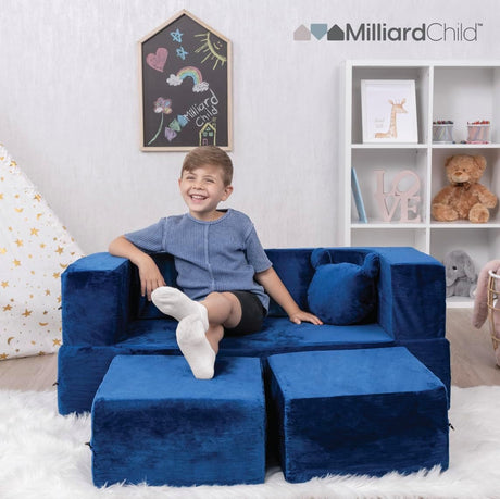 Modular Kids Sofa for Toddler and Baby Playroom/Bedroom Furniture (Navy Blue) with Bonus Pillow