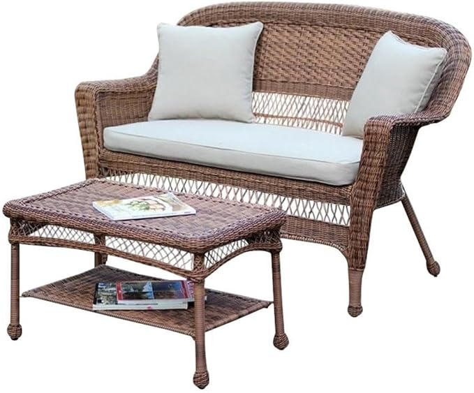Wicker Patio Love Seat and Coffee Table Set with Tan Cushion, Espresso