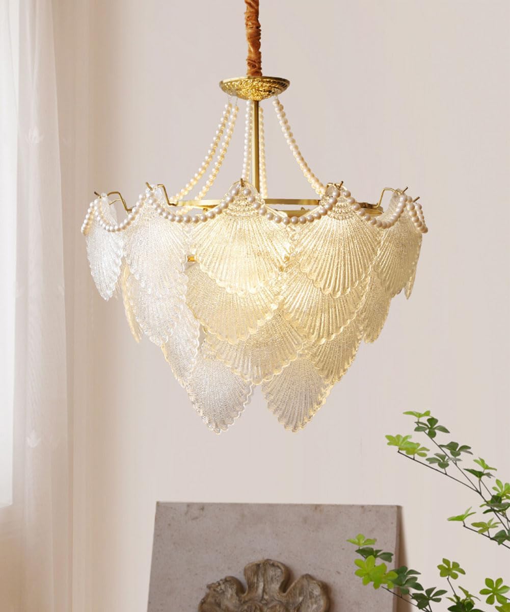 Gold Multi-Tier Crystal Chandelier, Shell Cloud Glass Metal Pendant Chandeliers Hanging