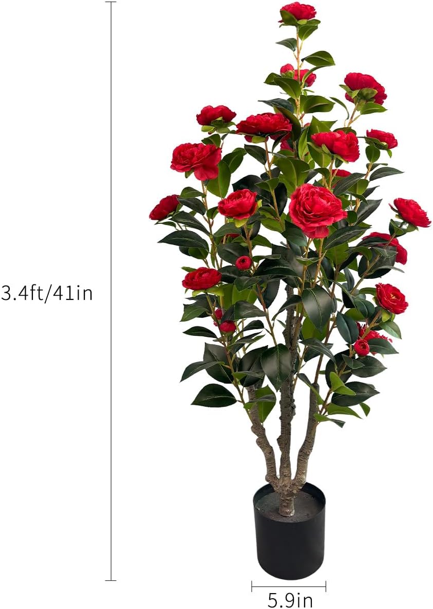 3.4ft Artificial Camellia Tree | Red Flowers & Green Leaves | Indoor Outdoor Decor