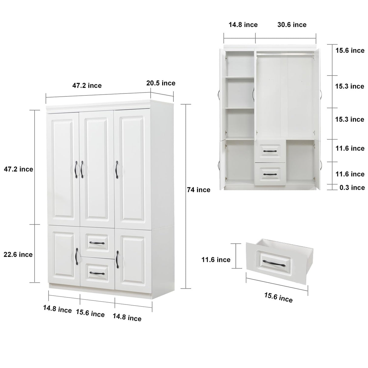 74''H Closet Wardrobe Closets 3 Doors Armoire Wardrobe Closet Wood