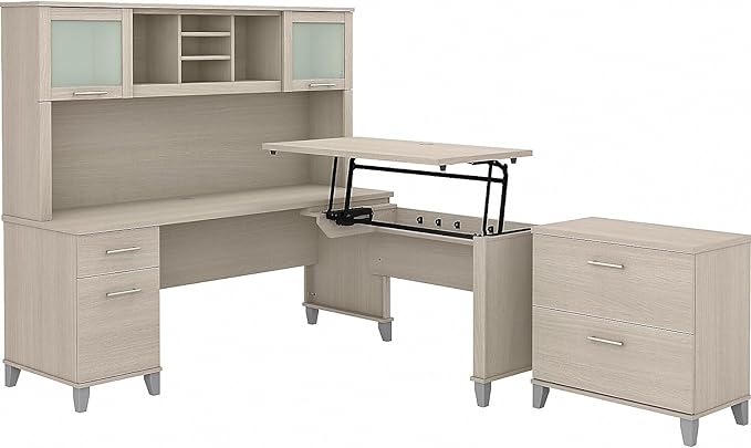 72W 3 Position Sit to Stand L Shaped Desk with Hutch and File Cabinet in White