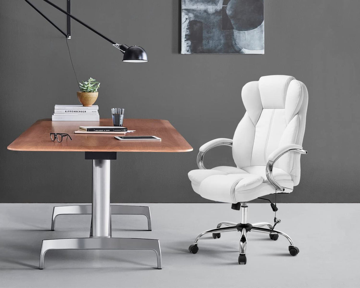 Executive Task Rolling Swivel Lumbar Support for Home Office, White PU Leather