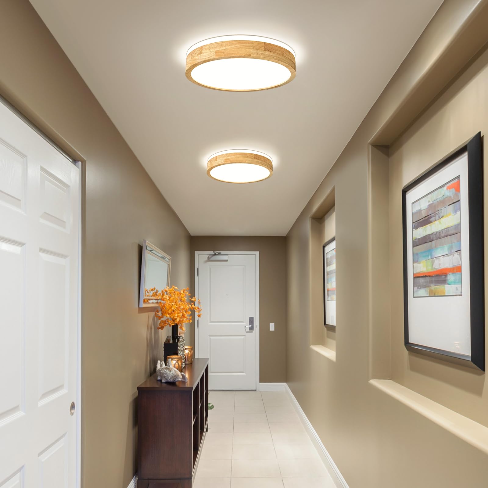 Modern Dimmable Wood Flush Mount Ceiling Light - 15.74in Round LED