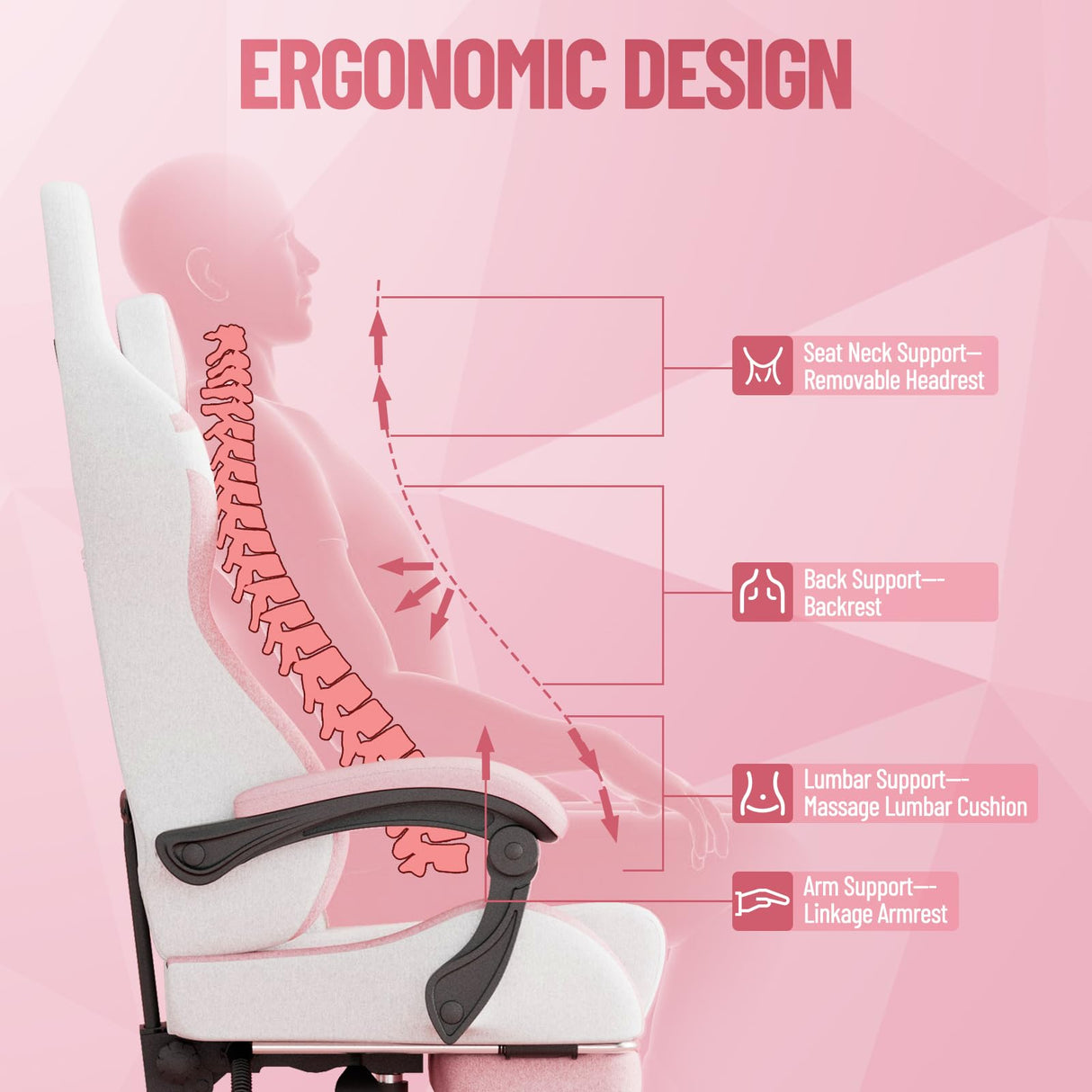 Ergonomic Gaming Chair with Massage Lumbar and Footrest - Pink & White