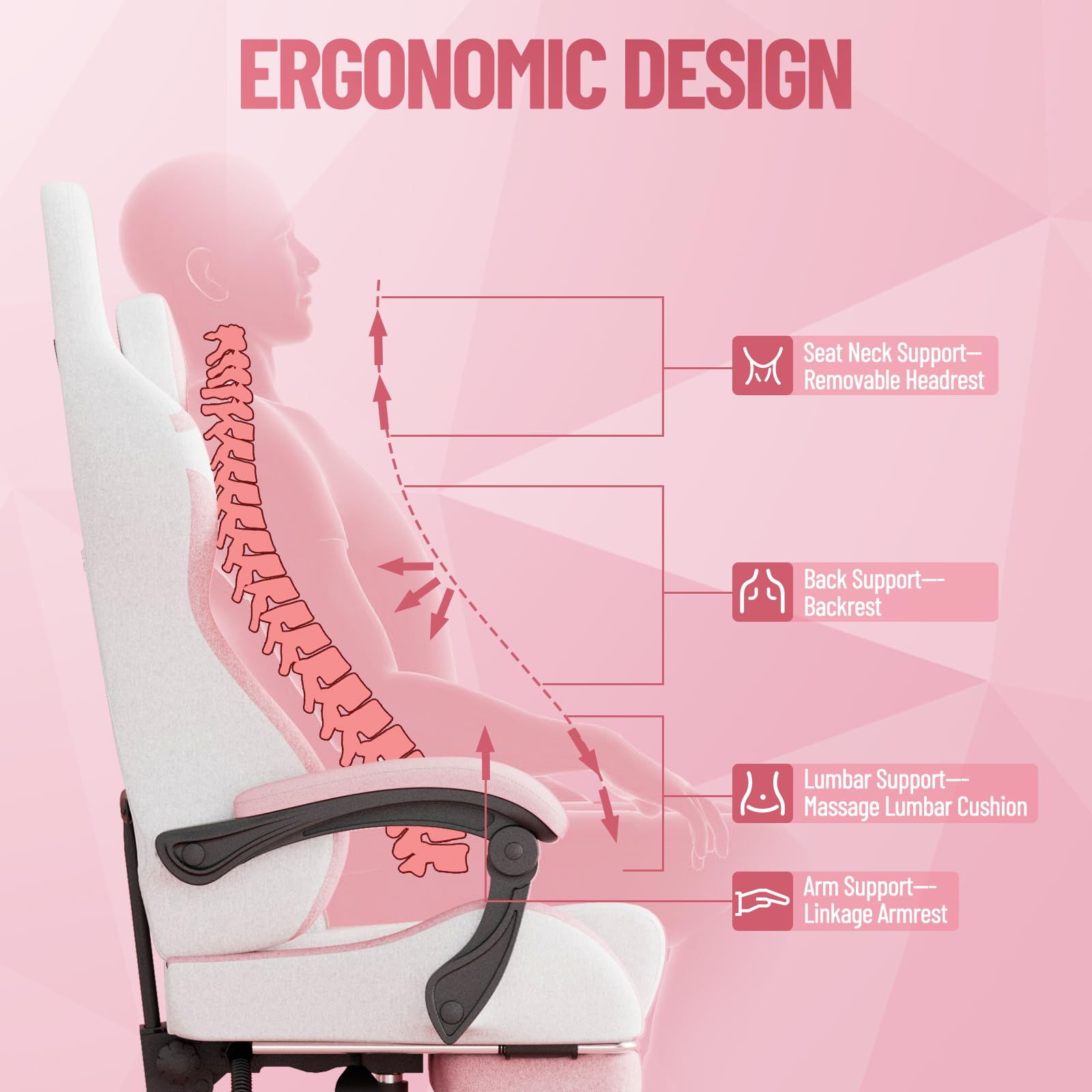 Ergonomic Gaming Chair with Massage Lumbar and Footrest - Pink & White