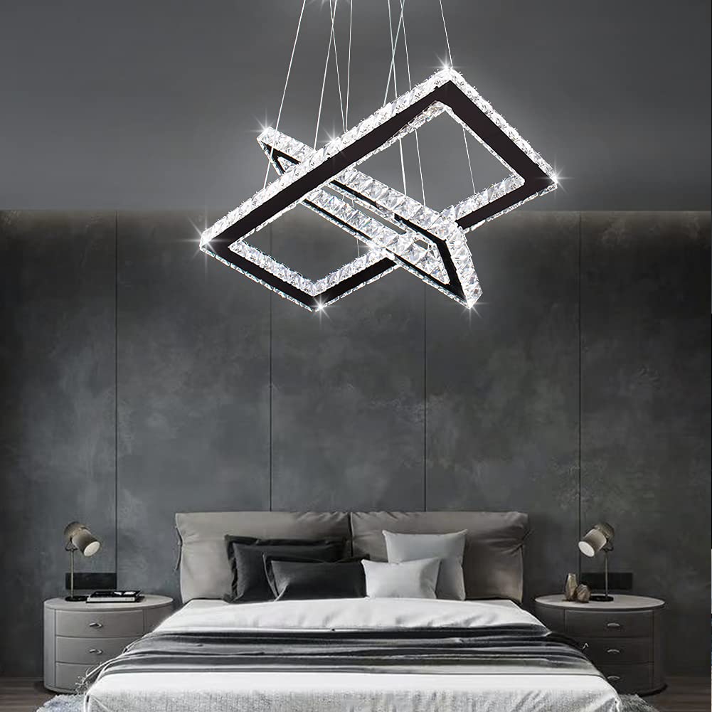 Modern Chandelier, Rectangular 2 Rings Crystal Pendant Chandeliers LED Pendant Ceiling