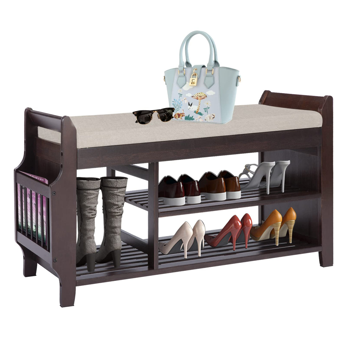 Shoe Rack Bench Entryway, Bamboo Shoe Bench with Removable Cushion