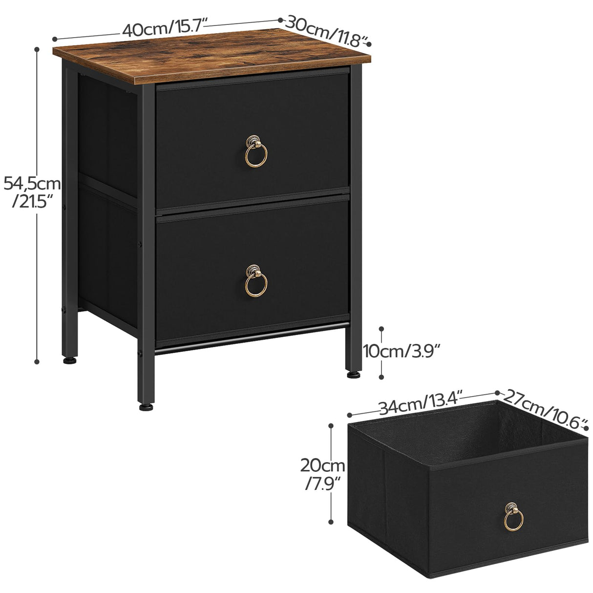 2 Drawer Dresser for Bedroom, Small Night Stand, Bedside Furniture, Side Table for Bedroom, Dorm, Rustic Brown and Black BF82BZ01