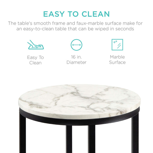 Best Choice Products 16in Faux Marble Accent Table, Modern End Table, Small Coffee Table Home Decor for Living Room, Dining Room, Tea, Coffee w/Metal Frame, Foot Caps, Designer - White/Matte Black