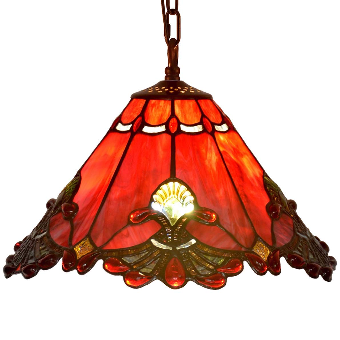 Baroque Tiffany Stained Glass Pendant Light - 13 Inch Red Shade