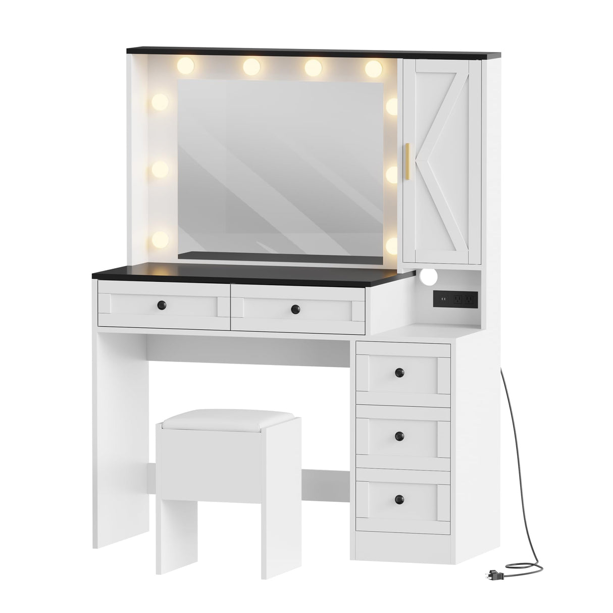 Makeup Vanity Set, Vanity Desk with Lighted Mirror& Charging Station, Makeup Vanity Desk with 5 Drawers& 3-Tier Cabinet, Dressing Table with Upholstered Stool, Wooden Vanity Table for Bedroom, White