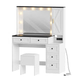 Makeup Vanity Set, Vanity Desk with Lighted Mirror& Charging Station, Makeup Vanity Desk with 5 Drawers& 3-Tier Cabinet, Dressing Table with Upholstered Stool, Wooden Vanity Table for Bedroom, White