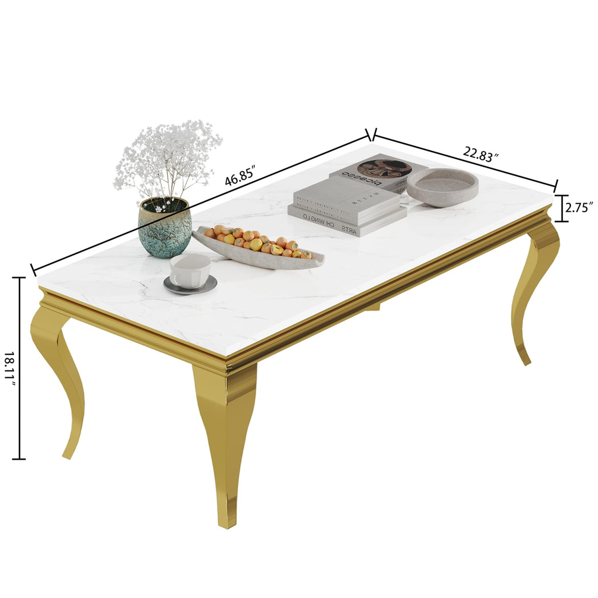 47 inch White Marble Coffee Table with Mirrored Stainless Steel Metal Legs