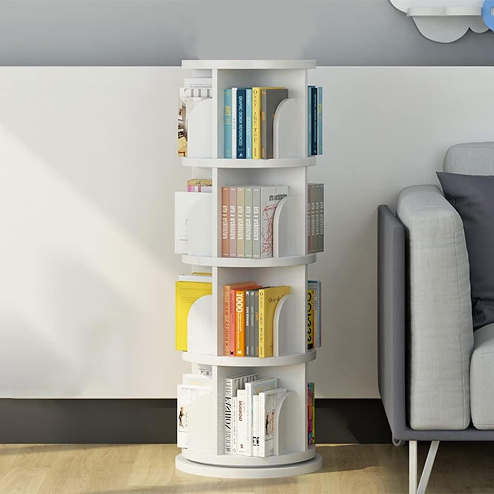 Bookcases White Round Floor Bookshelf, 360° Rotate, Cultivate Interest in Reading