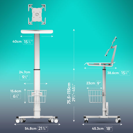 hemsoe Adjustable Rolling Medical Cart: Pneumatic Mobile Workstation with iPad Enclosure for 9.7-13" iPad and Tablet - Ideal for Hospital Dental Clinic Office