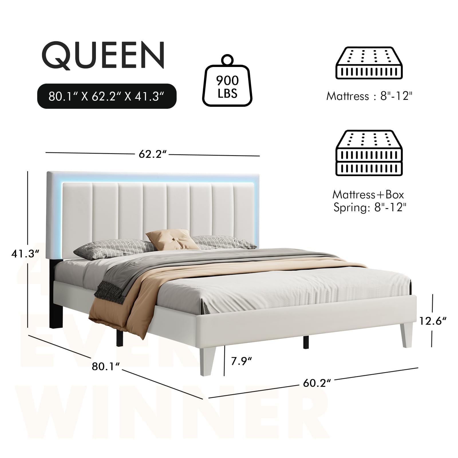 Queen Bed Frame with LED Lights, Upholstered Bed Frame Queen with Headboard