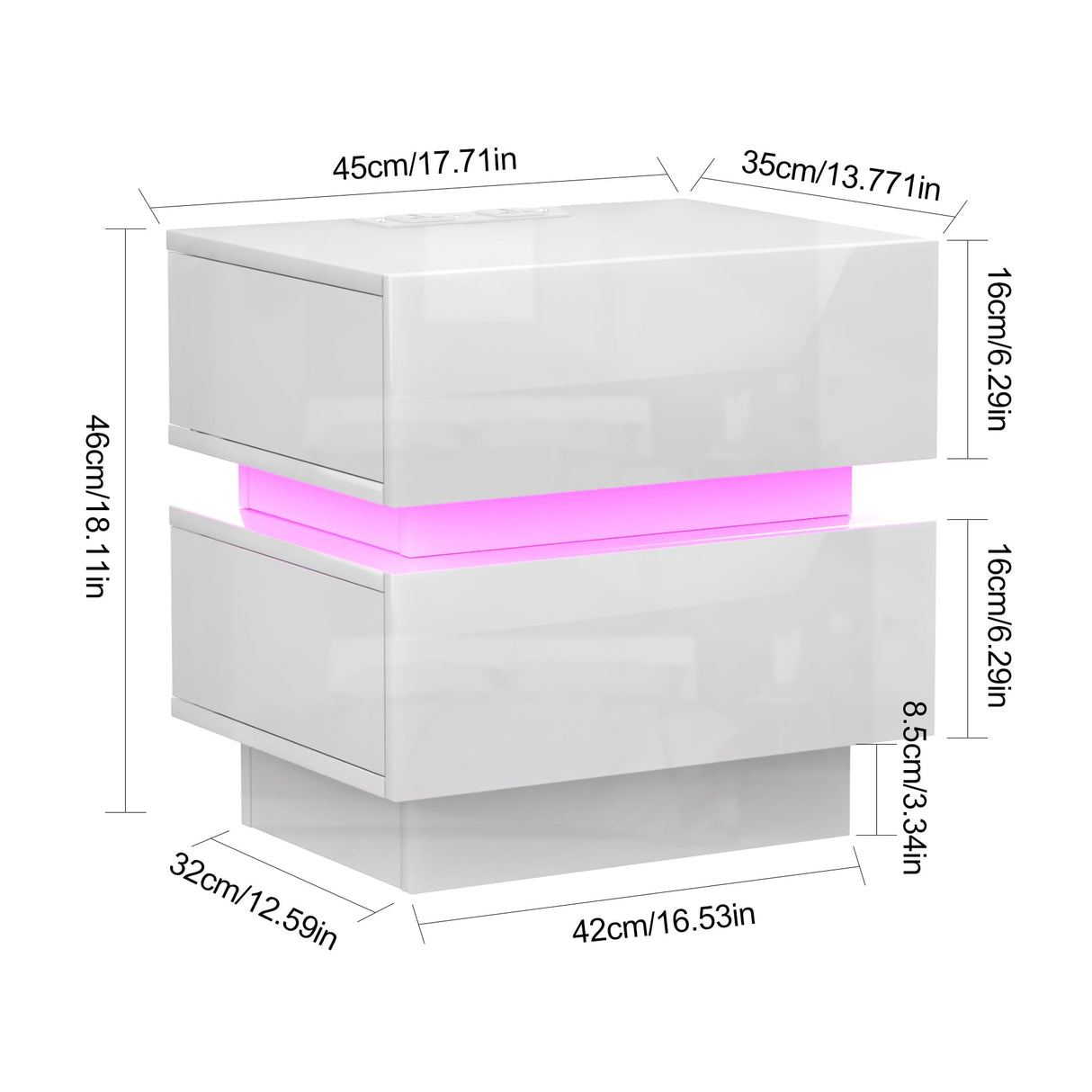 LED Night Stand with Charging Station,Modern Nightstand Set with 2 Drawers