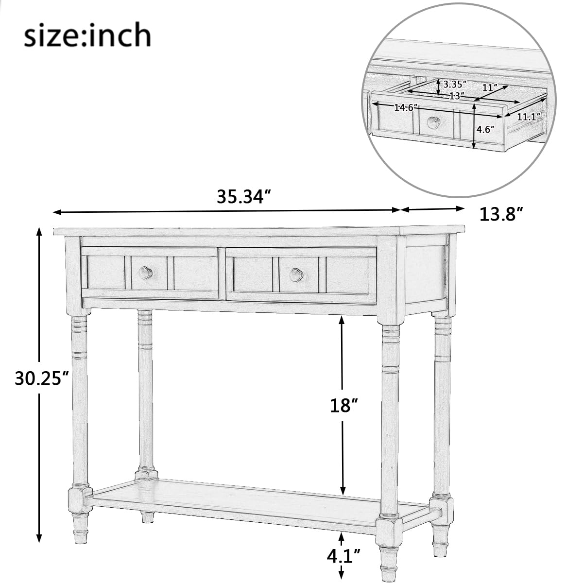 Sofa Table Antique Style Wooden Console Table with 2 Drawers and Bottom Shelf