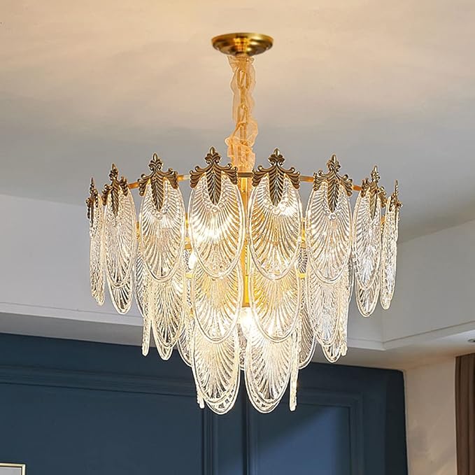 Gold Multi-Tier Crystal Chandelier, Shell Cloud Glass Metal Pendant Chandeliers