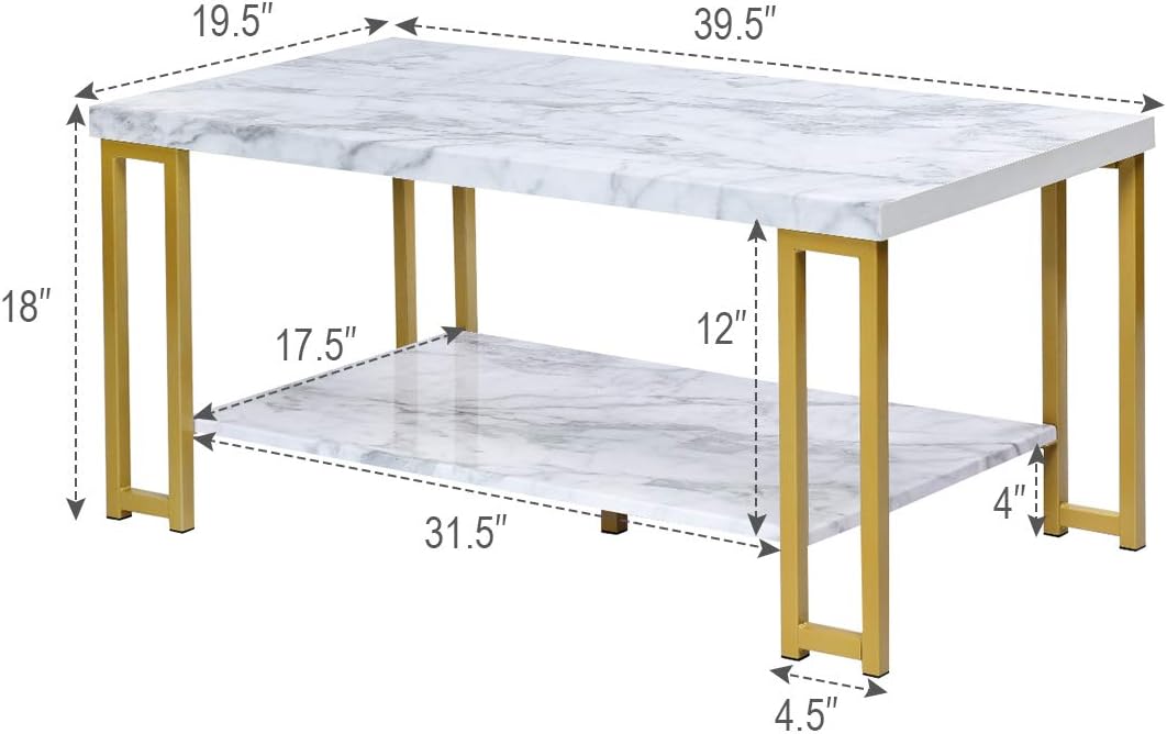 2-Tier White Marble Coffee Table, Rectangular Faux Marble Coffee Table with Storage Shelf, Sturdy Gold-