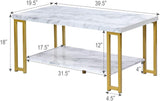 2-Tier White Marble Coffee Table, Rectangular Faux Marble Coffee Table with Storage Shelf, Sturdy Gold-