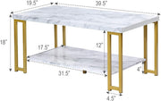 2-Tier White Marble Coffee Table, Rectangular Faux Marble Coffee Table with Storage Shelf, Sturdy Gold-