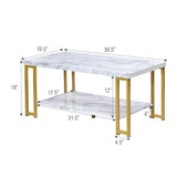 2-Tier White Marble Coffee Table, Rectangular Faux Marble Coffee Table with Storage Shelf, Sturdy Gold-