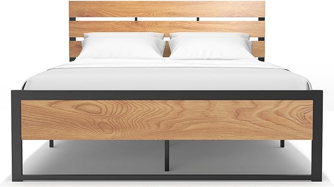 Full Size Bed Frame Steady Steel Platform with Wood Headboard/Footboard