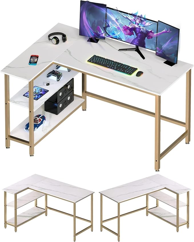 L Shaped Computer Desk - Home Office Desk with Shelf, Gaming Desk Corner Table for Work, Writing and Study, Space-Saving, Black