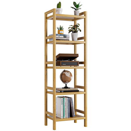 Narrow Bookshelf, 5 Tier Bathroom Shelf Bamboo, Floor Standing Display Storage Organizer for Small Space, Adjustable Shelves, Natural Wood Bookcase