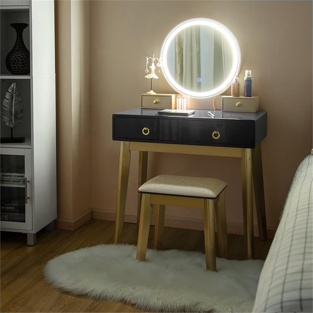 Vanity Makeup Dressing Set with Round LED Mirror in Black