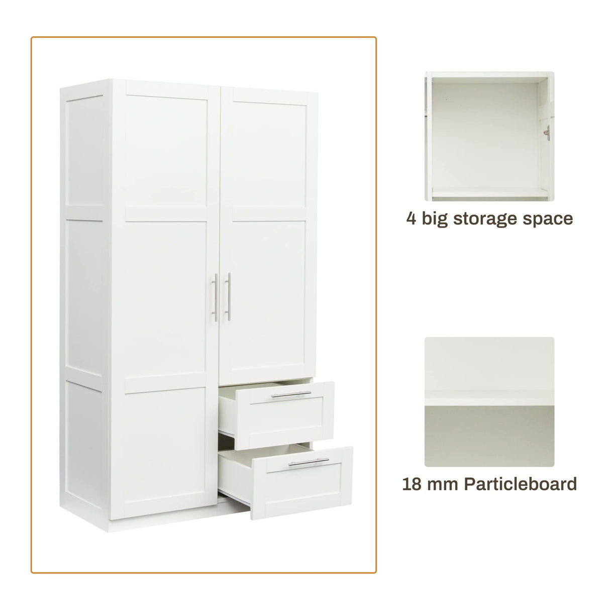 White Two Doors Two Drawers Big Wardrobe Closet Bedroom Armoires