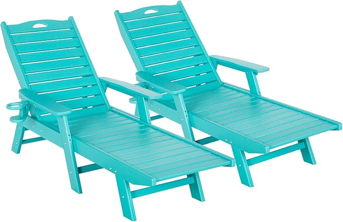 Outdoor Chaise Lounge Chair Set of 2 with Wheels & Cup Holder