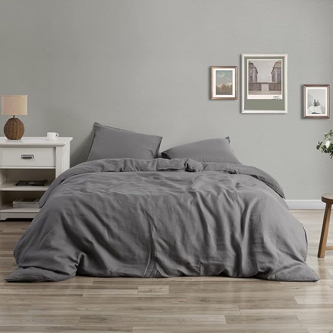 100% Linen Duvet Cover Queen, Stone Washed Natural French Linen 8 Ties Duvet