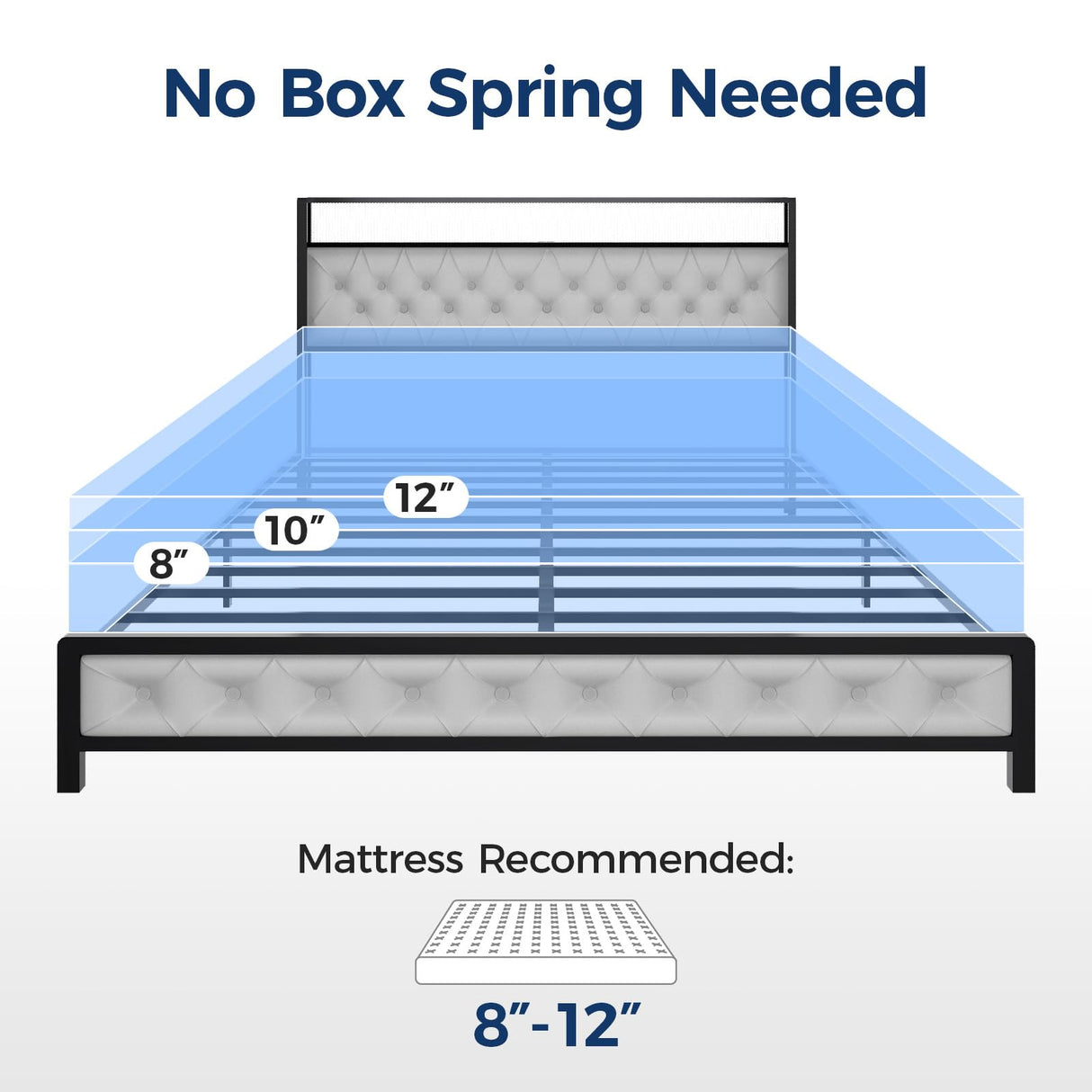 Queen Bed Frame with 4 Storage Drawers, Charging Station and LED Lights, Upholstered Headboard with Storage Shelves