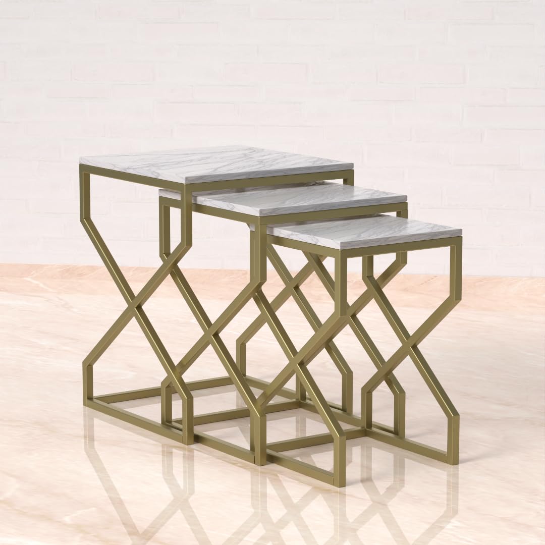 Modern Nesting Tables for Living Room, Square White Marble Finish Ceramic Top