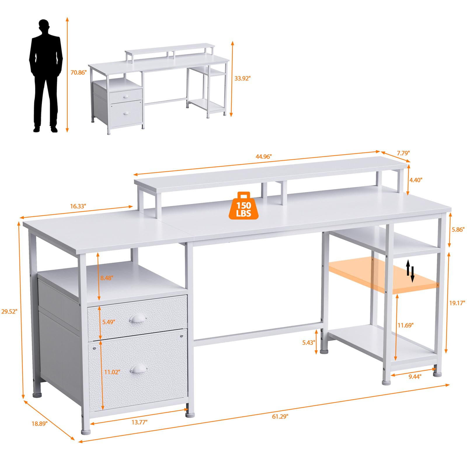 61" Computer Desk with Fabric File Cabinet & Drawer, Reversible White Desk
