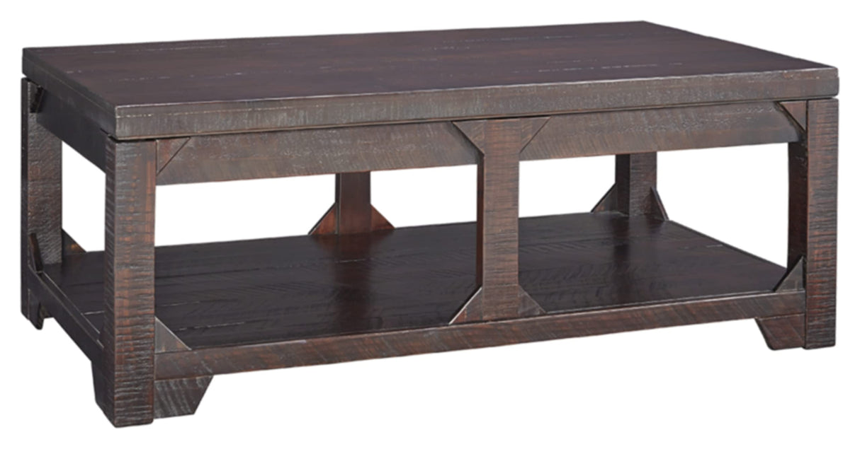 Rogness Rustic Rectangular Lift Top Coffee Table, Distressed Dark Brown