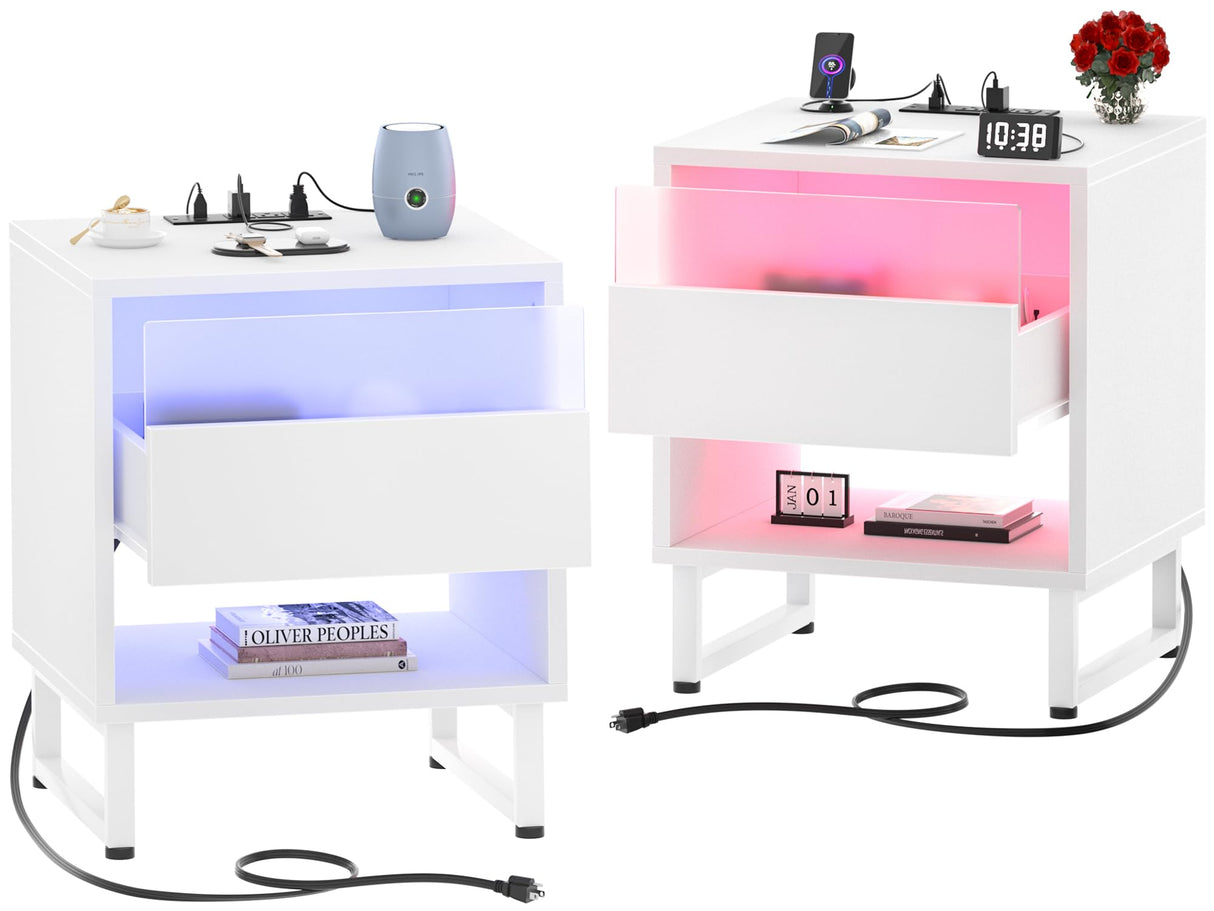 LED Nightstands Set of 2 with Charging Station, White Night Stand Set 2